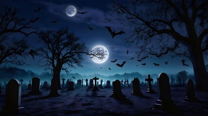 Fototapeta premium Haunted graveyard under full moon with gothic atmosphere, spooky Halloween night scene, dark cemetery horror background, eerie supernatural fantasy landscape