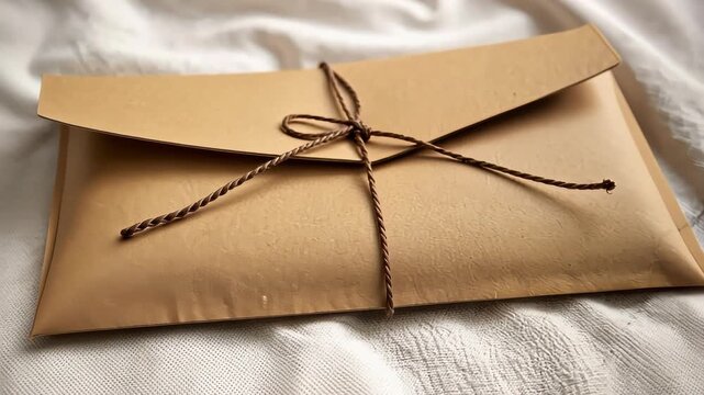 Close-up of Brown Craft Paper Envelope with Rustic Twine Tied in Bow on Soft White Fabric Background Depicting Natural Elegance and Simplicity