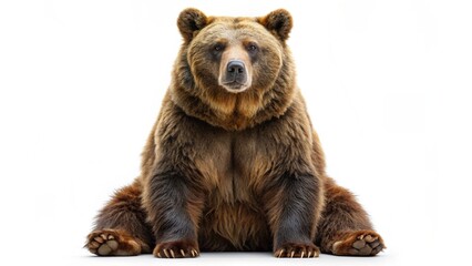 Obraz premium A cute brown bear cub with a wild, furry head is isolated on a white background