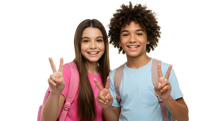 Happy diverse teens showing peace sign back to school education friendship students children kids young joyful positive smiling victory success learning