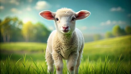 Fototapeta premium A white sheep and a cute lamb graze on lush green grass in a field