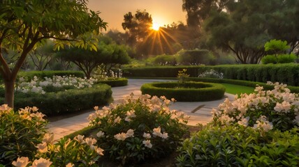 Fototapeta premium Sunset in jasmine garden, fragrant floral landscape, golden evening light, peaceful nature scenery, romantic outdoor moment, serene seasonal botanical beauty
