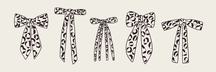 Leopard Bow Pattern Print Sketch Set. Cute Ribbon Graphic Collection. Hand Drawn Vector Design Clipart