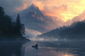 Fisherman fishing in a high mountain river at dawn landscape outdoors vehicle.