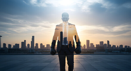 Ambitious businessman conquering challenges city skyline sunrise success determination leadership corporate power strong confident future goals ambition achievement victory