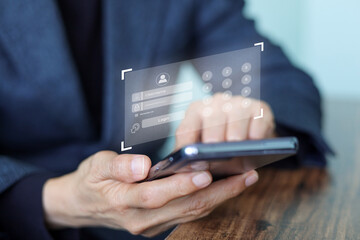 A person is securely logging in or signing up on a digital application on a smartphone. Mobile security, online data protection, and secure access authentication and personal privacy.