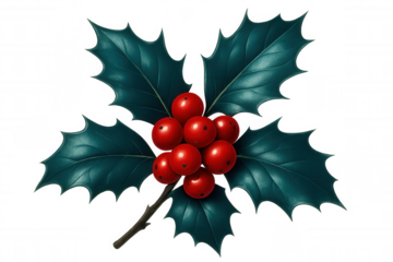 Holly sprig with green leaves and red berries, a classic christmas decoration with transparent background