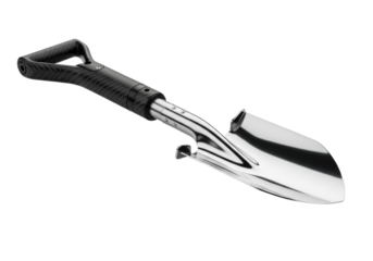 Futuristic sleek shovel, matte black carbon fiber telescoping handle & polished silver titanium alloy precision spade, on transparent background, high-key studio lighting, concept of advanced