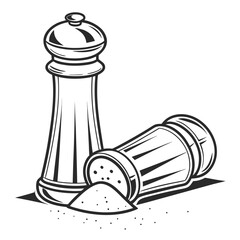 Classic black and white illustration of a salt and pepper shaker set with spilled seasoning