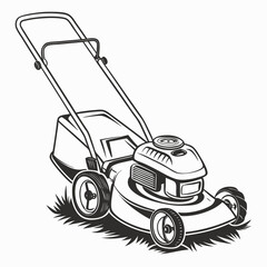 Black and white illustration of a push lawn mower with a handle and wheels on grass