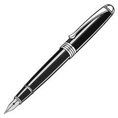 Elegant black and silver fountain pen with a classic design and metallic clip isolated on white