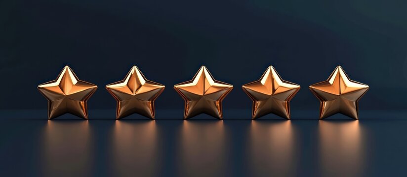 Five glowing gold stars aligned on a dark background, representing a perfect five-star rating or top-quality achievement.