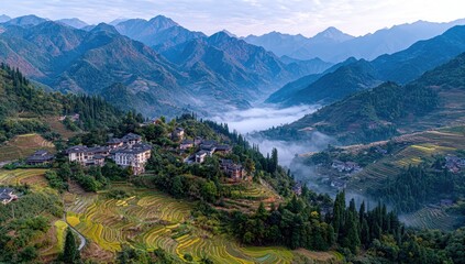 Obraz premium Misty mountain valley with terraced rice paddies (1)