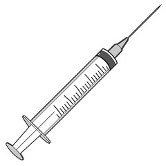 Simple illustration of a medical syringe with a sharp needle and clear barrel with measurement markings