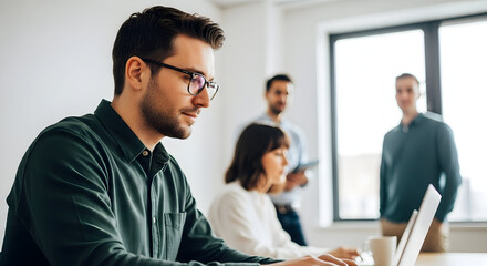 Focused young businessman working on laptop in modern office collaborating with colleagues teamwork success business professionals