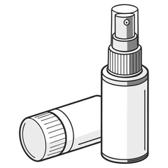 Two simple line art illustrations of cosmetic containers one upright spray bottle and one lying down tube