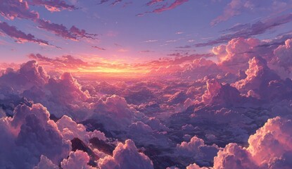 Panoramic view of a vibrant sunset over a vast cloud landscape
