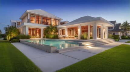 An opulent two-story house at dusk with illuminated windows, clean white walls, large glass panes, and balconies.