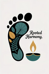Rooted Harmony: Minimal Flat Art Leaf Footprint with Cultural Diya Lamp and Curved Gold Sans Text