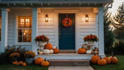 Obraz premium Cozy Autumn Farmhouse Porch with Pumpkins, Lantern, and Wreath at Golden Hour