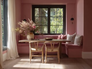 A cozy, sun-drenched dining nook boasts a blush pink color scheme, complemented by natural textures and a vibrant floral arrangement.