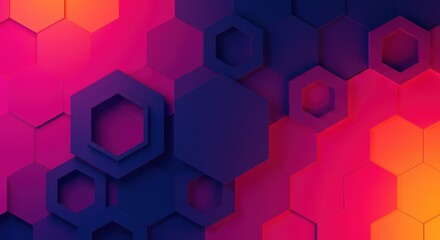 Abstract background featuring layered, overlapping hexagons in shades of pink, orange, and blue, creating a geometric pattern.