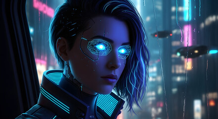 Futuristic cyborg woman with glowing eyes, ready for a high tech digital world or cyberpunk adventure