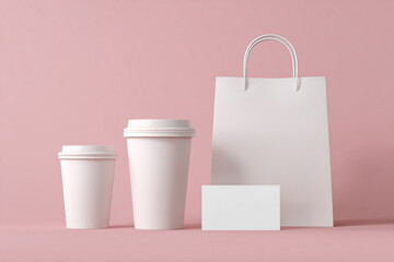 a high quality mockup image:  set of blank cafe items( coffee cup, paper shopper bag, business card) with modern  minimalist background. best use for branding and building a visual identity for cafe, 