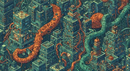 an illustration of a futuristic city with lots of different types and sizes