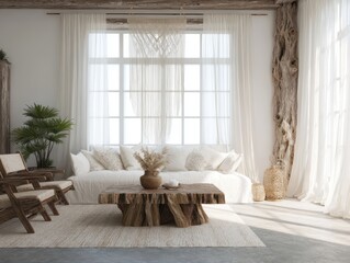 Fototapeta premium A spacious living room with light beige and wooden furniture, large windows, and sheer curtains, evokes a tranquil and airy atmosphere.