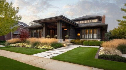 Obraz premium A large two-story house with dark stained wood facade, contemporary windows, sliding glass doors,