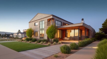 Modern two-story house with large windows, wooden cladding, and a prominent chimney on the roof,