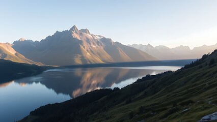 Serene mountain landscape featuring a reflective lake under natural ambient lighting.