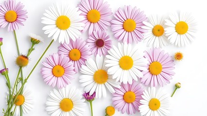Collection of daisy flowers arranged on a white background, bathed in natural daylight.