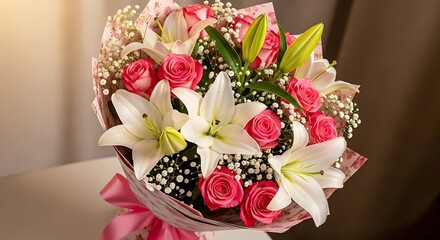 Elegant Bouquet Pink Roses White Lilies Fresh Flowers Celebration