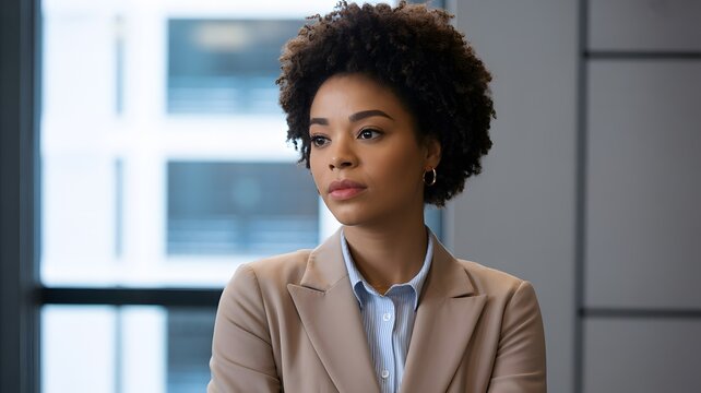 A professional woman with an afro hairstyle, dressed in a beige blazer, stands confidently in a modern office setting.