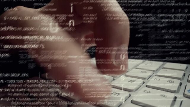 Creative visual of computer programming coding and software development shown by man working on computer keyboard with overlay of computer graphic displaying abstract program codes and computer script
