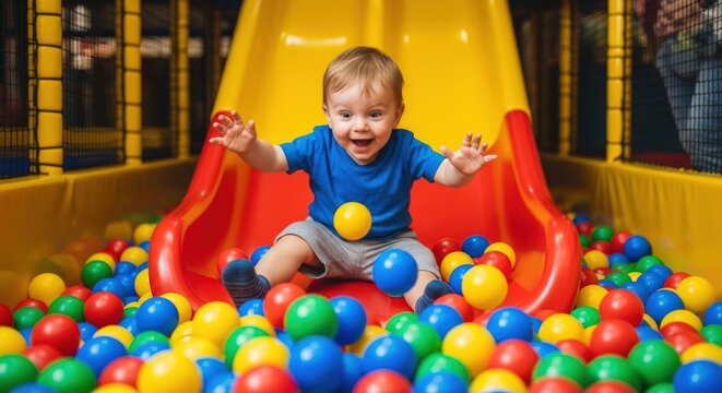 Excited Baby Boy Sliding into Ball Pit at Indoor Playground