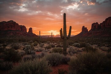 Arizona sunrise, desert cactus, red rock landscape