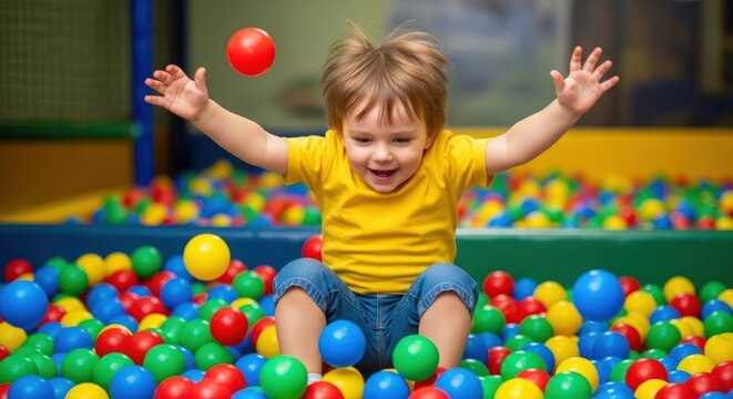 Happy Little Boy Having Fun in a Colorful Ball Pit, Playing and Laughing