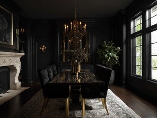 Fototapeta premium A luxurious, dark dining room boasts rich black decor, highlighted by gold accents and a stunning chandelier.