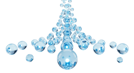 Numerous soft, translucent, glowing azure spheres cascading dynamically on a transparent background with copy space, subtly shifting, reflecting light. Concept of futuristic digital elegance.