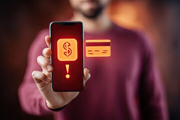 Close-up of a person holding a smartphone with a glowing dollar sign and exclamation point, and a credit card icon overlayed, suggesting a potential transaction alert