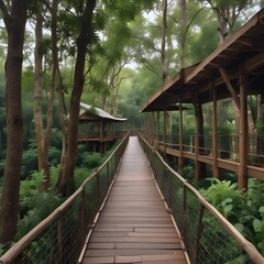 Serene Wooden Bridge Leading to Treehouse Structures in Lush Forest