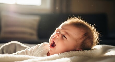 Adorable Baby Yawning in Morning Sunlight on Soft Blanket
