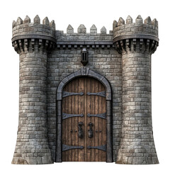 Medieval castle gate stone walls towers arched wooden door lantern