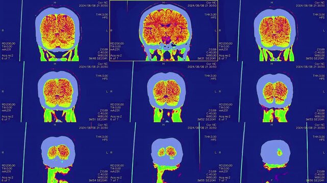 Magnetic resonance images of the head, MRI of the brain,front viev of a patient with multiple vascular infarctions, 3x3 grid and 1 image, color animation Seamless Loop