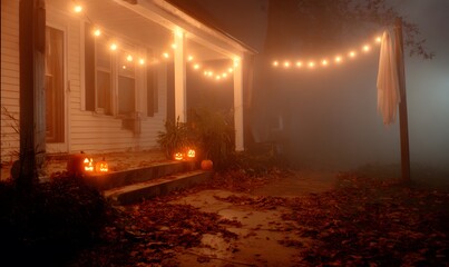A vintage 1990s photograph of a foggy, atmospheric suburban Halloween nigh