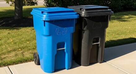Two sturdy outdoor trash bins, one blue with recycling symbol, sit on a sunny sidewalk.