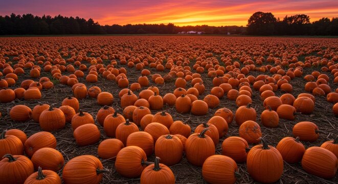Vast pumpkin field at sunset, vibrant orange pumpkins stretching to the horizon under a colorful sky.